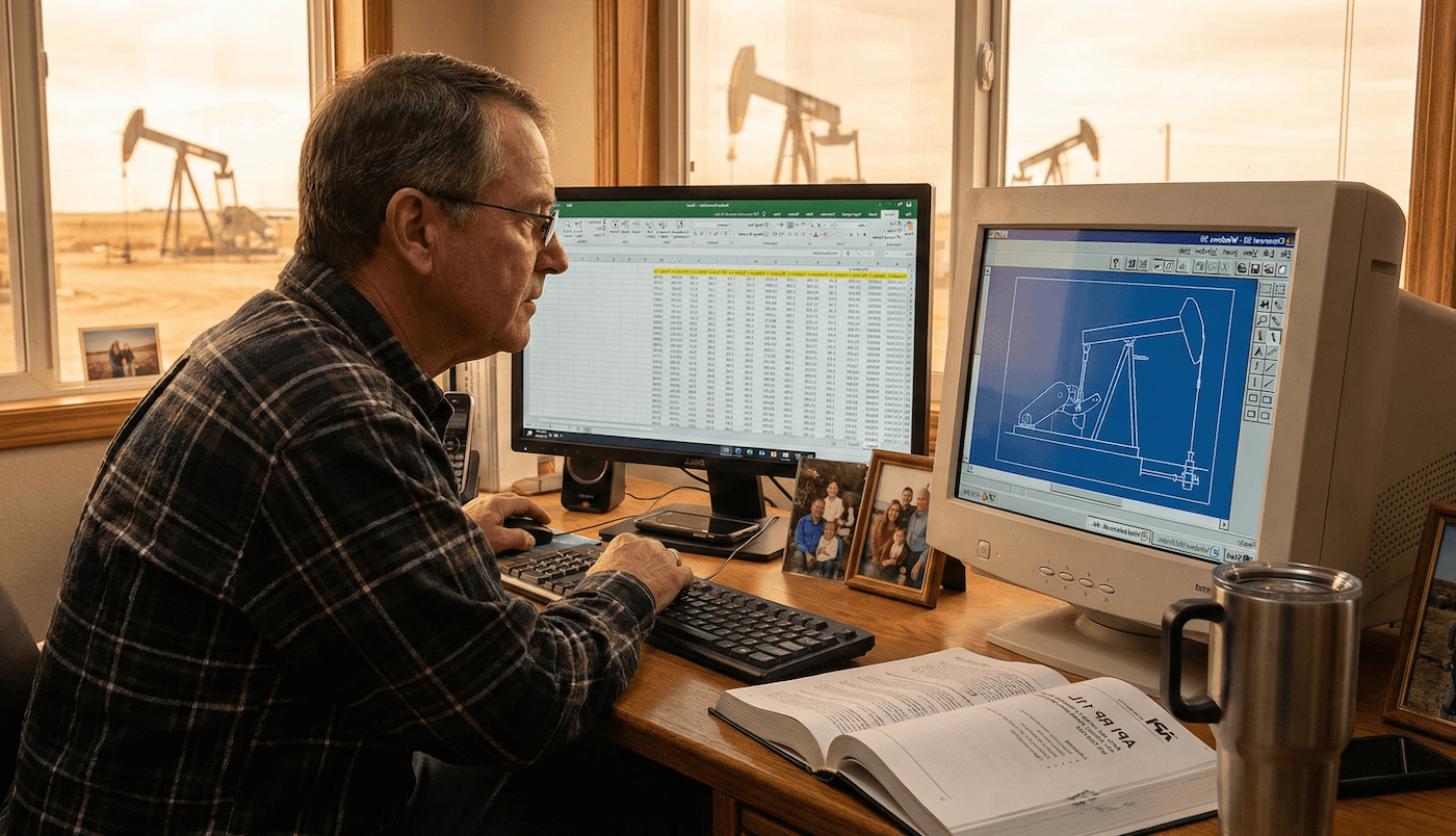 Veteran petroleum engineer reviewing rod lift design software
